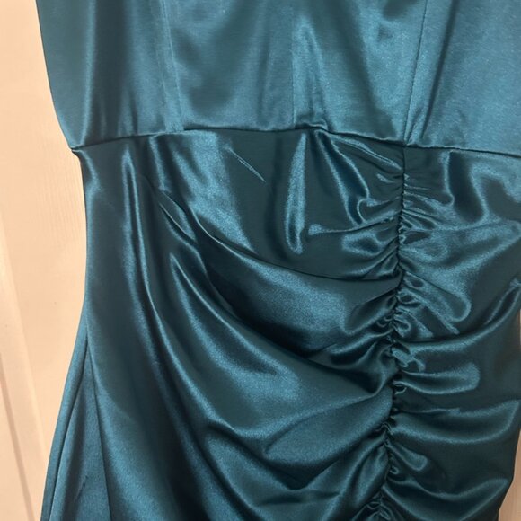 Honey and Rosie Spaghetti Strap V-Neck Ruched Satin Bodycon Dress - Picture 2 of 4